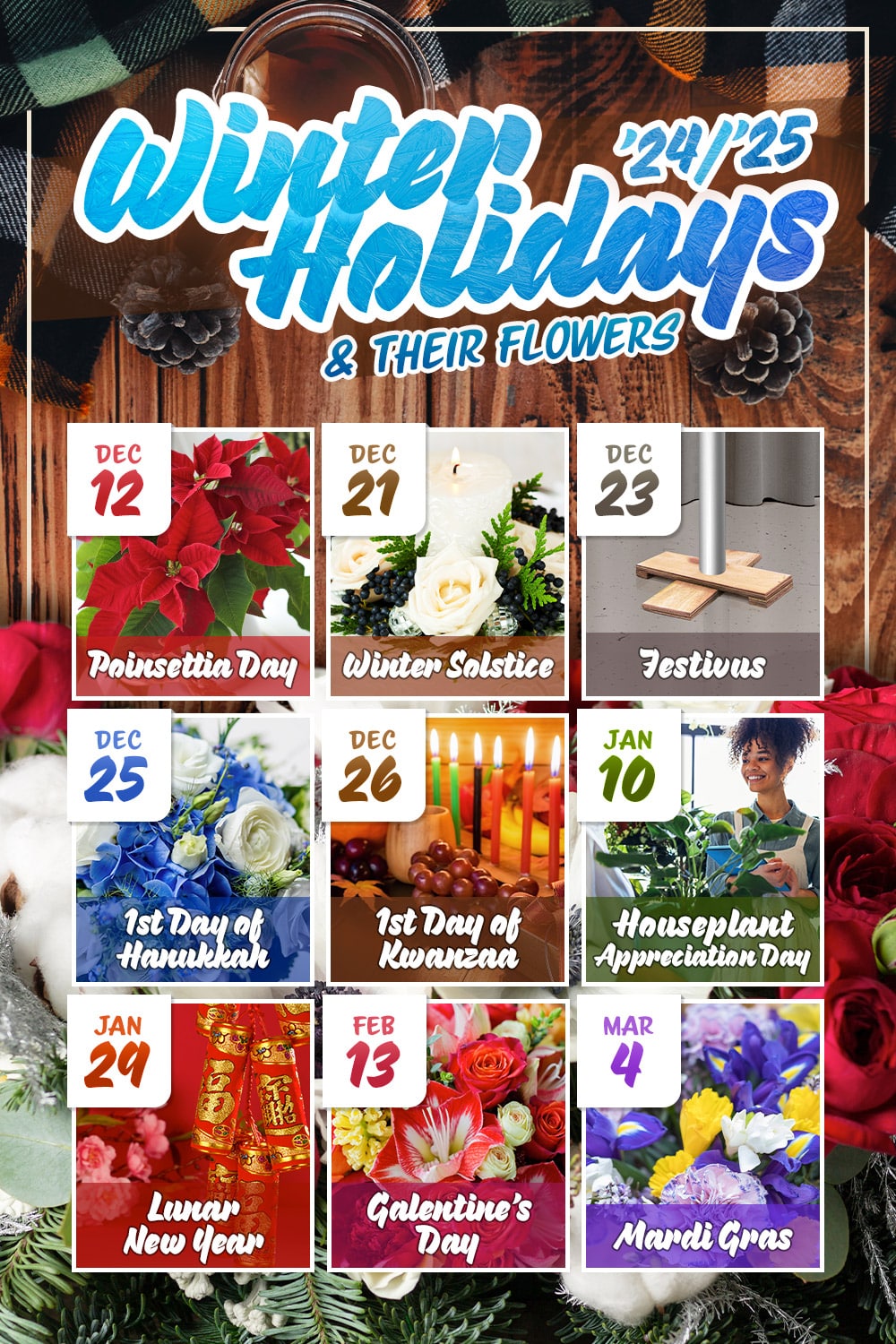 Holiday-themed poster showcasing various flowers connected to specific dates and holidays from December 2024 to March 2025, including Poinsettia Day, Winter Solstice, Festivus, Hanukkah, Kwanzaa, Houseplant Appreciation Day, Lunar New Year, Galentine's Day, and Mardi Gras.